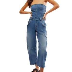We The Free Blue Denim Strapless Jumpsuit